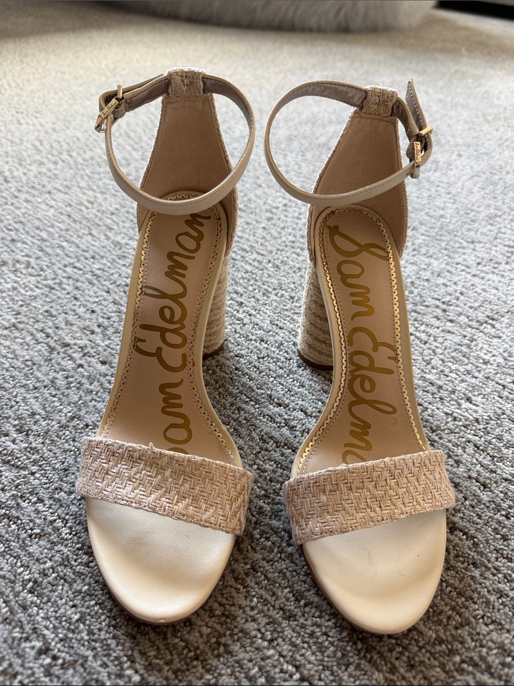 Sam Edelman Beige Woven Front Strap Ankle-Strap Block Heels